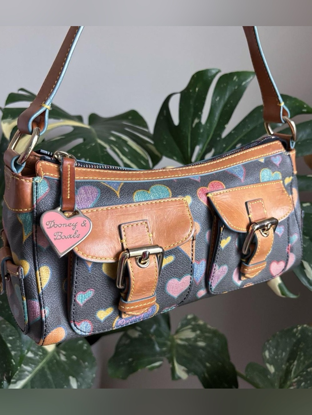 Dooney & Bourke Multicolor Hearts Shoulder Bag Leather Trim Y2K Purse